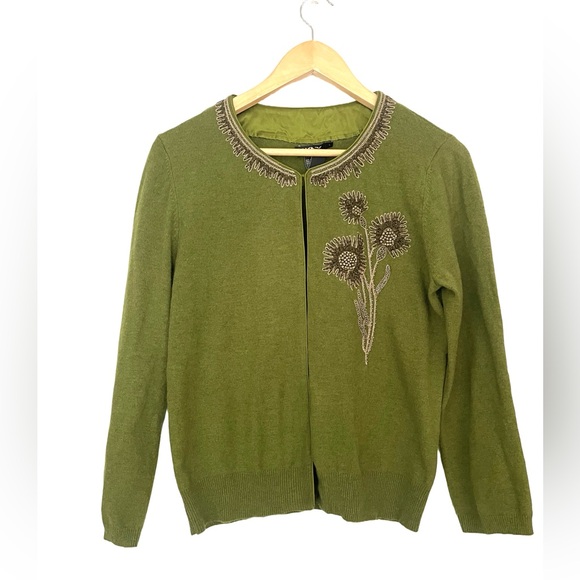 DKNY Angora Blend Cardigan Beaded Embroidery Dress-Up Knit Embellished Sweater - Picture 1 of 11